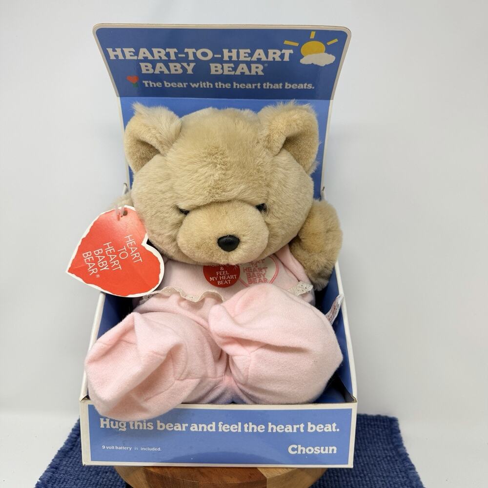 NOS Chosun Heart To Heart Bear 1986 Gown Pink Heartbeat Plush In Box Works